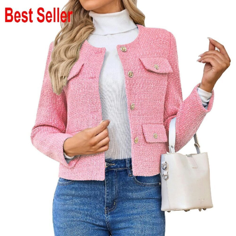 Tweed Blazer Cropped Button Down Jacket Elegant Business Casual Chic
